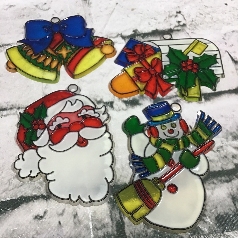 Vintage Christmas Plastic Stained‎ Glass Sun Catchers Lot #1 Santa Snowman Bells